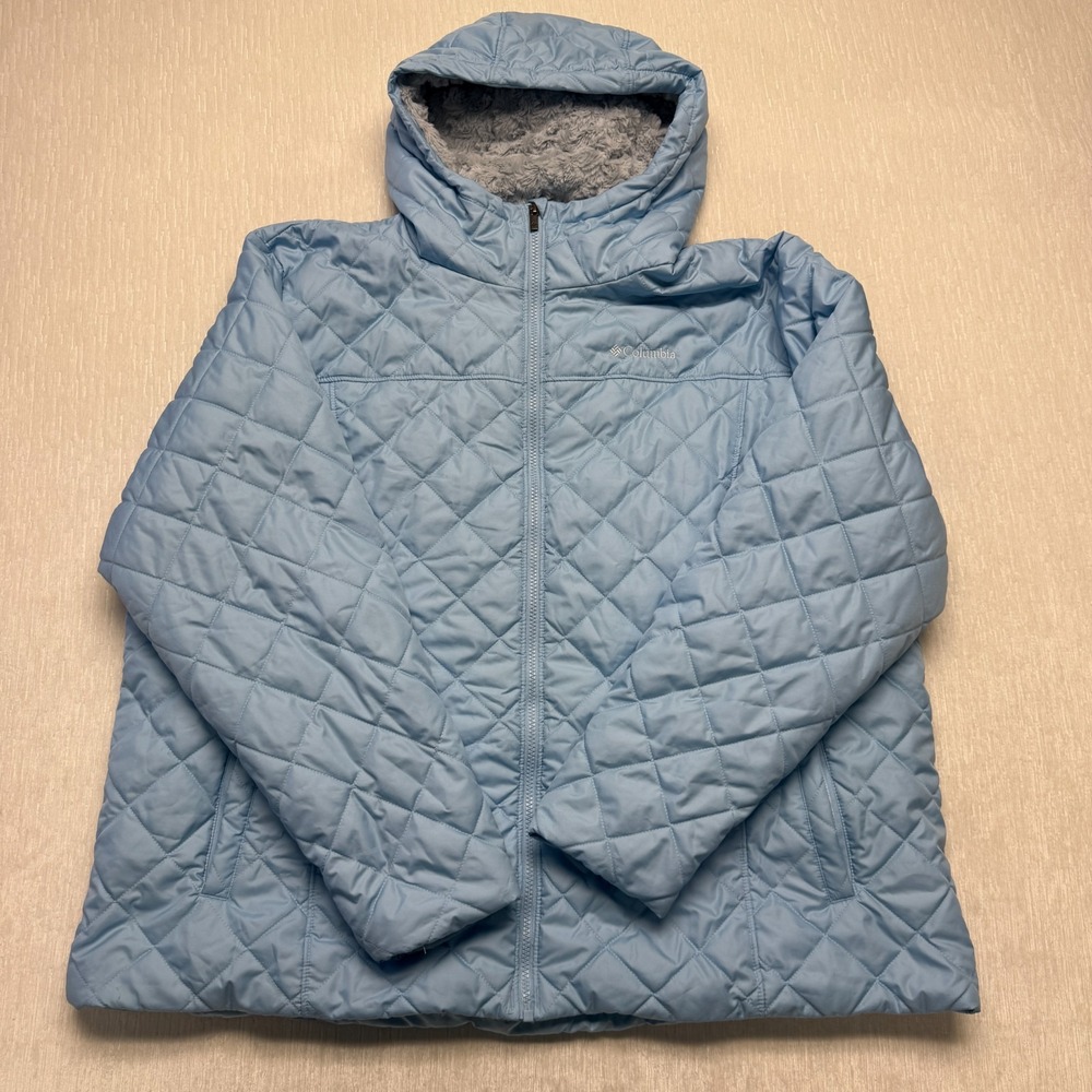Columbia Copper Crest Quilted Hooded Jacket Womens 3X Blue Fuzzy Fleece Lining